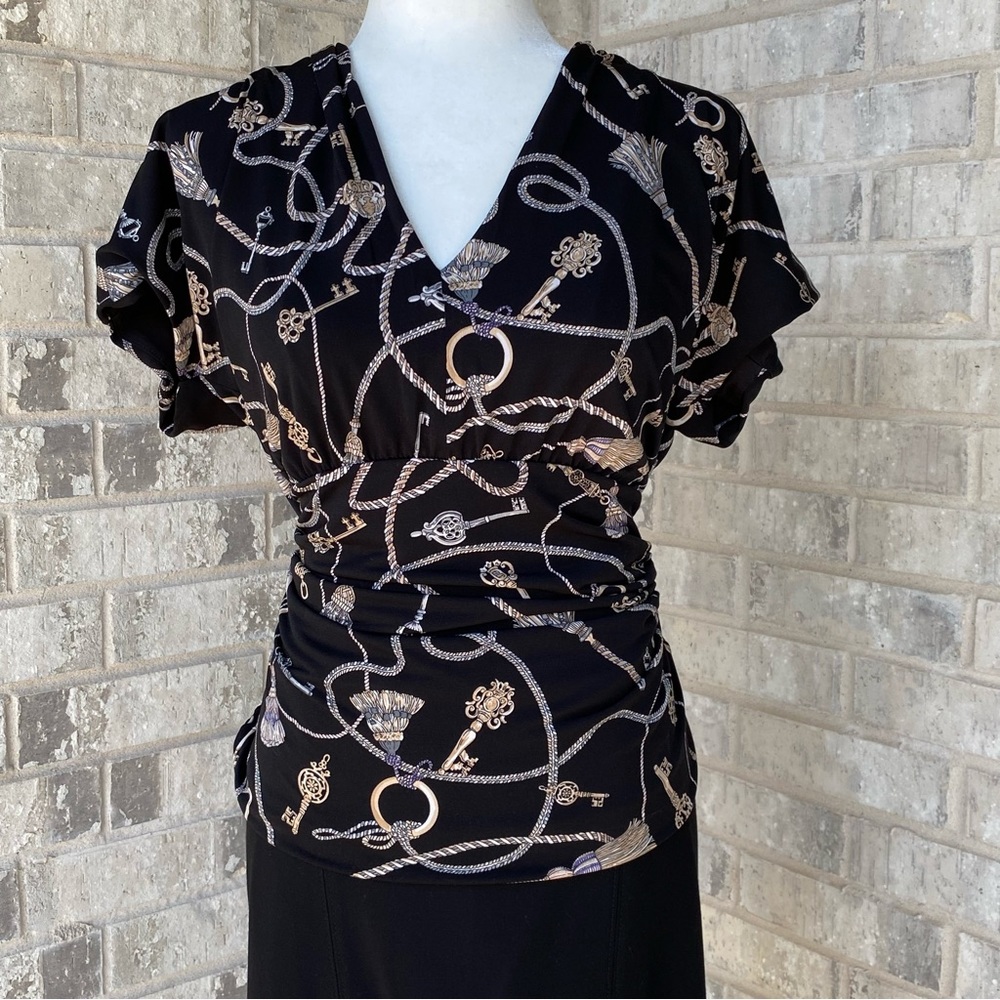 WHBM Black Rope & Tassel print Ruched Jersey Blouse